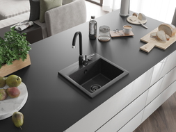 Mexen Milo granitový dřez 1-komorový 435 x 410 mm, černý s tečkami, černý sifon - 6505441000-76-B