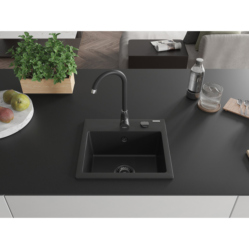 Mexen Milo granitový dřez 1-komorový 435 x 410 mm, černý, černý sifon - 6505441000-77-B