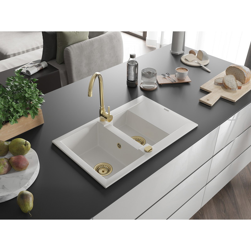 Mexen Gaspar granitový dřez 1,5 komorový s odkapávačem 737 x 475 mm, bílý, sifon zlatý - 6507731505-20-G