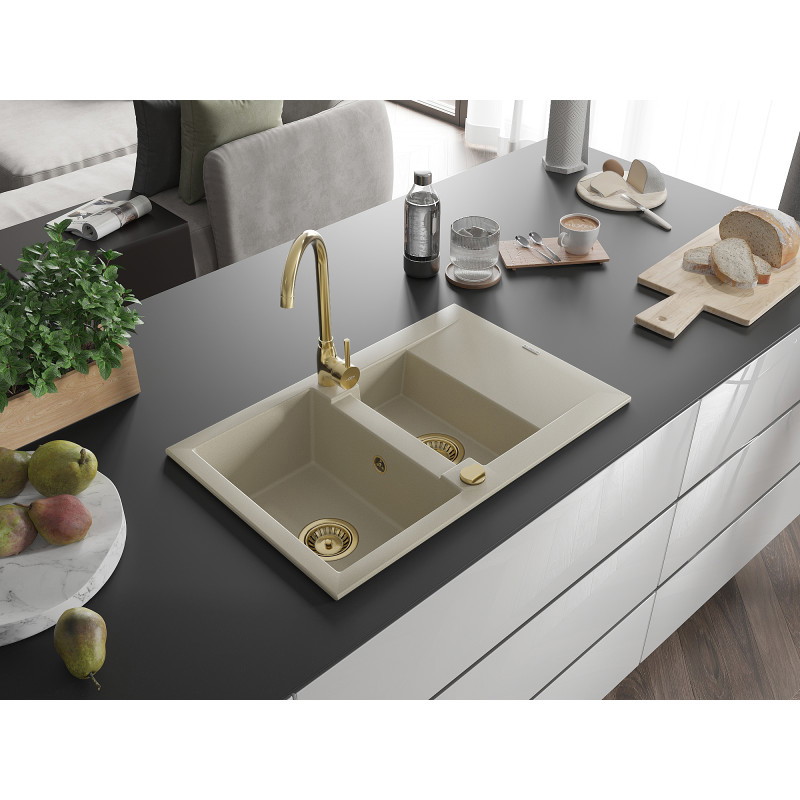 Mexen Gaspar granitový dřez 1,5-komorový s odkapávačem 737 x 475 mm, béžový, sifon zlatý - 6507731505-69-G