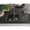 Mexen Gaspar granitový dřez 1,5-komorový s odkapávačem 737 x 475 mm, černý kropenatý, sifon zlatý - 6507731505-76-G