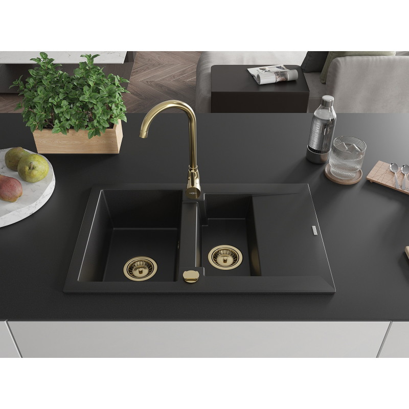 Mexen Gaspar granitový dřez 1,5komorový s odkapávačem 737 x 475 mm, černý, sifon zlatý - 6507731505-77-G