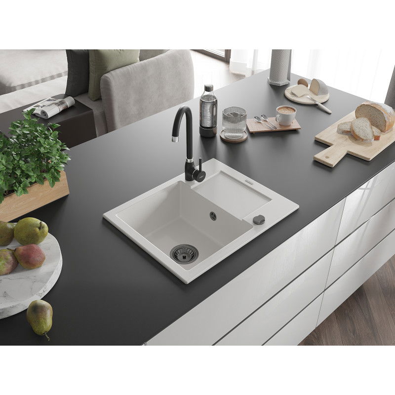 Mexen Enzo granitový dřez 1-komorový s odkapávačem 576 x 465 mm, bílý, černý sifon - 6506571005-20-B