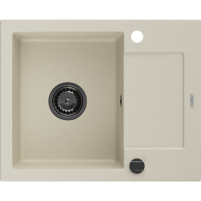 Mexen Enzo granitový jednokomorový dřez s odkapávačem 576 x 465 mm, béžový, černý sifon - 6506571005-69-B