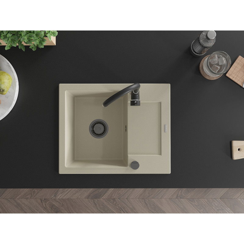 Mexen Enzo granitový jednokomorový dřez s odkapávačem 576 x 465 mm, béžový, černý sifon - 6506571005-69-B