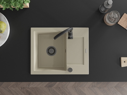 Mexen Enzo granitový jednokomorový dřez s odkapávačem 576 x 465 mm, béžový, černý sifon - 6506571005-69-B