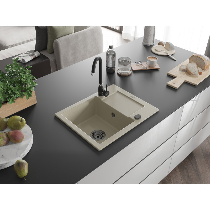 Mexen Enzo jednokomorový granitový dřez s odkapávačem 576 x 465 mm, béžový, černý sifon - 6506571005-69-B