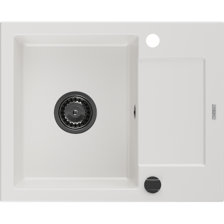 Mexen Enzo granitový dřez 1-komorový s odkapávačem 576 x 465 mm, bílý, černý sifon - 6506571005-20-B