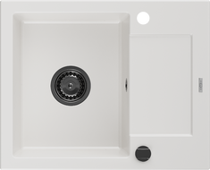 Mexen Enzo granitový dřez 1-komorový s odkapávačem 576 x 465 mm, bílý, černý sifon - 6506571005-20-B