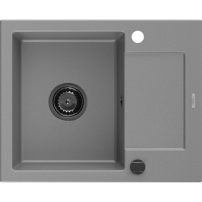 Mexen Enzo granitový dřez 1-komorový s odkapávačem 576 x 465 mm, šedý, černý sifon - 6506571005-71-B