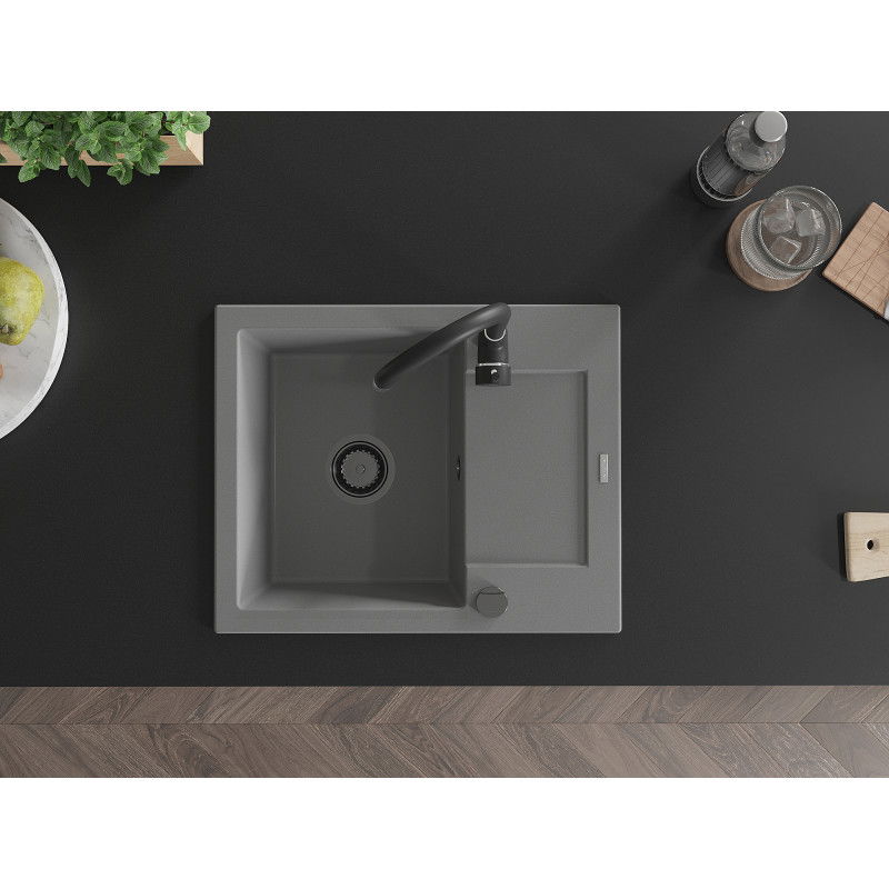 Mexen Enzo granitový dřez 1-komorový s odkapávačem 576 x 465 mm, šedý, černý sifon - 6506571005-71-B