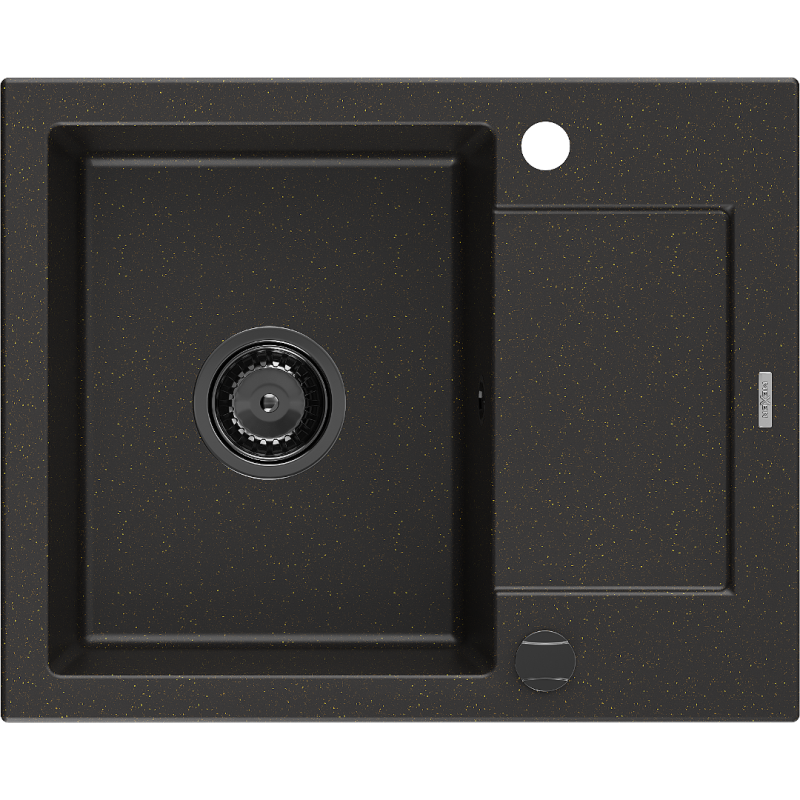 Mexen Enzo granitový dřez 1-komorový s odkapávačem 576 x 465 mm, černý/zlatý metalik, černý sifon - 6506571005-75-B