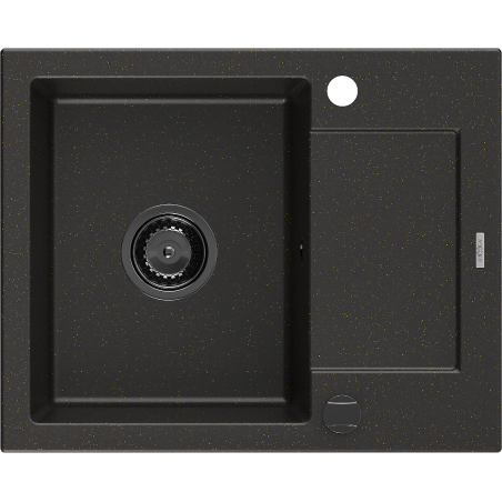 Mexen Enzo granitový dřez 1-komorový s odkapávačem 576 x 465 mm, černý/zlatý metalik, černý sifon - 6506571005-75-B