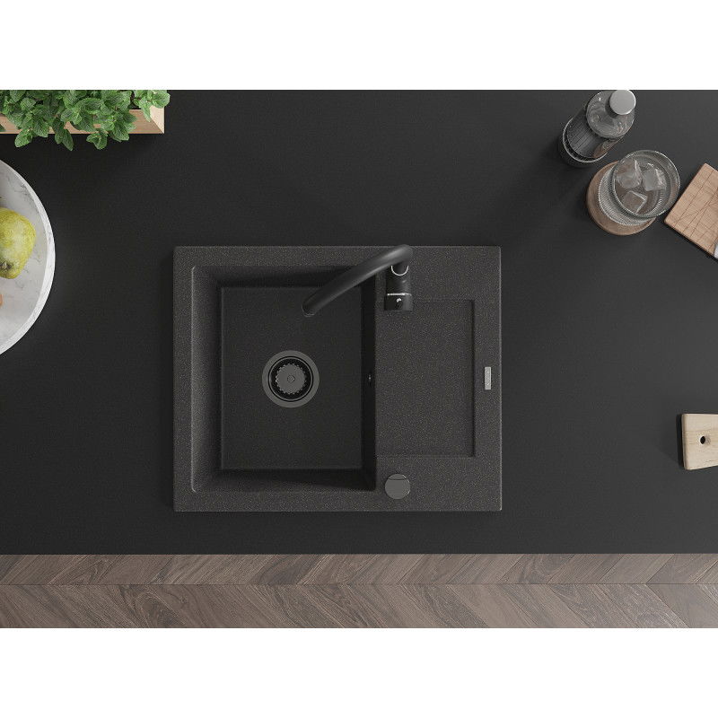 Mexen Enzo granitový dřez 1-komorový s odkapávačem 576 x 465 mm, černý s tečkami, černý sifon - 6506571005-76-B