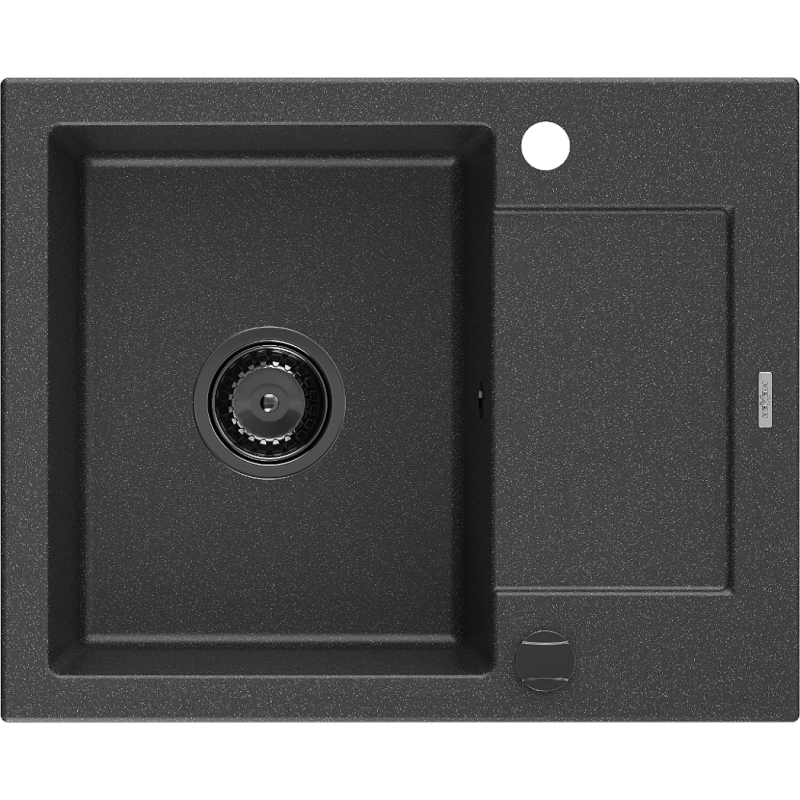 Mexen Enzo granitový dřez 1-komorový s odkapávačem 576 x 465 mm, černý s tečkami, černý sifon - 6506571005-76-B