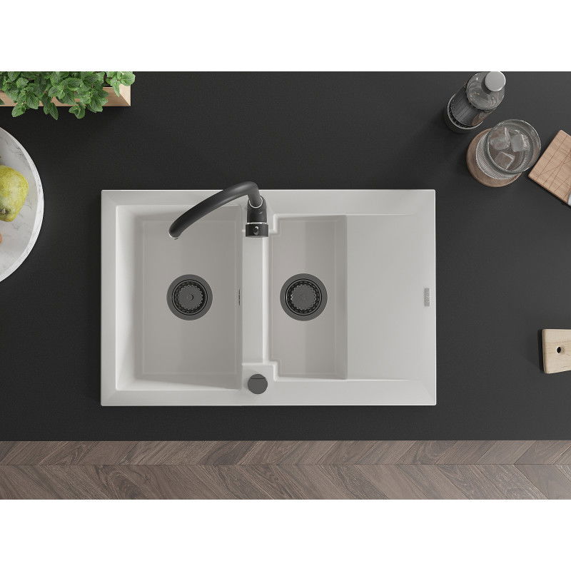 Mexen Gaspar granitový dřez 1,5-komorový s odkapávačem 737 x 475 mm, bílý, černý sifon - 6507731505-20-B