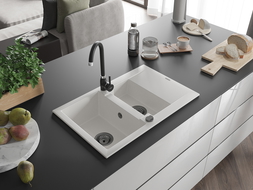 Mexen Gaspar granitový dřez 1,5-komorový s odkapávačem 737 x 475 mm, bílý, černý sifon - 6507731505-20-B