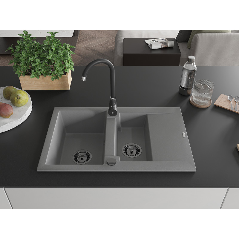 Mexen Gaspar granitový dřez 1,5 komorový s odkapávačem 737 x 475 mm, šedý, černý sifon - 6507731505-71-B