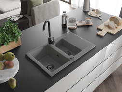 Mexen Gaspar granitový dřez 1,5-komorový s odkapávačem 737 x 475 mm, šedý, sifon černý - 6507731505-71-B