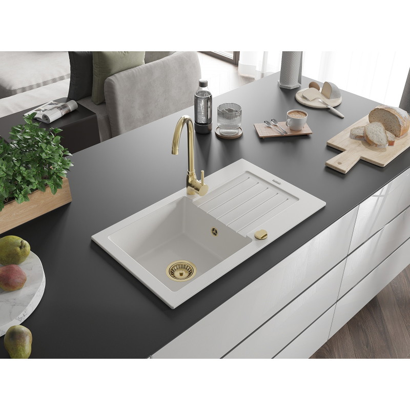 Mexen Pablo granitový dřez 1-komorový s odkapávačem 752 x 436 mm, bílý, zlatý sifon - 6510751010-20-G