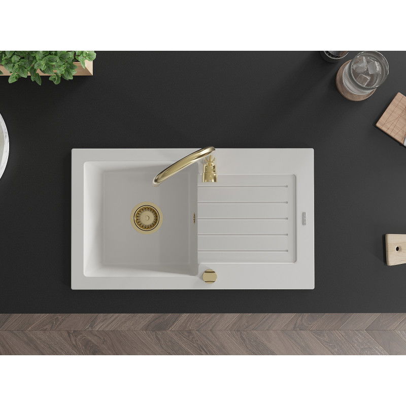 Mexen Pablo žulový dřez s jednou komorou a odkapávačem 752 x 436 mm, bílý, sifon zlatý - 6510751010-20-G