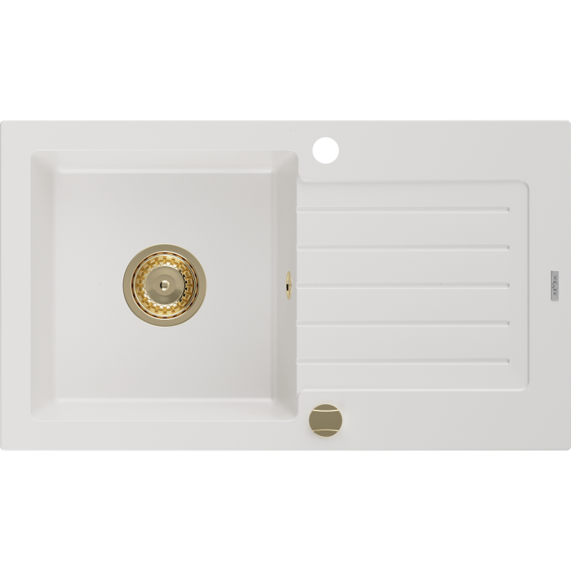 Mexen Pablo žulový dřez s jednou komorou a odkapávačem 752 x 436 mm, bílý, sifon zlatý - 6510751010-20-G