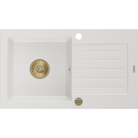 Mexen Pablo žulový dřez s jednou komorou a odkapávačem 752 x 436 mm, bílý, sifon zlatý - 6510751010-20-G