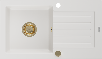 Mexen Pablo žulový dřez s jednou komorou a odkapávačem 752 x 436 mm, bílý, sifon zlatý - 6510751010-20-G