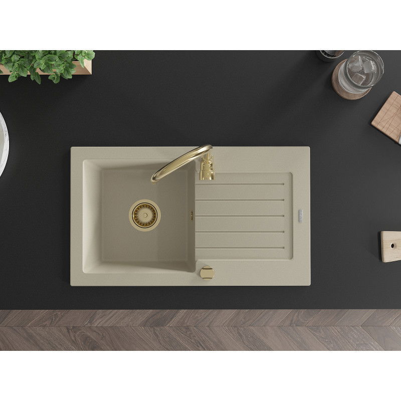 Mexen Pablo granitový dřez s 1 komorou a odkapávačem 752 x 436 mm, béžový, zlatý sifon - 6510751010-69-G
