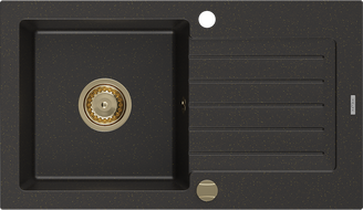 Mexen Pablo žulový dřez s odkapávačem, 1-komorový, 752 x 436 mm, černý/zlatý metalik, zlatý sifon - 6510751010-75-G