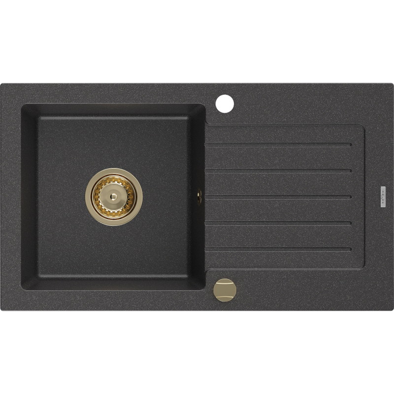 Mexen Pablo granitový dřez 1-komorový s odkapávačem 752 x 436 mm, černý kropenatý, zlatý sifon - 6510751010-76-G