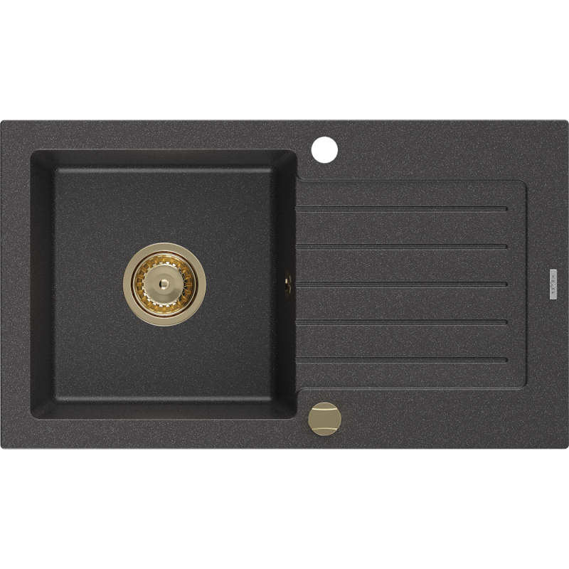 Mexen Pablo žulový dřez s odkapávačem, 1-komorový, 752 x 436 mm, černý s tečkami, zlatý sifon - 6510751010-76-G