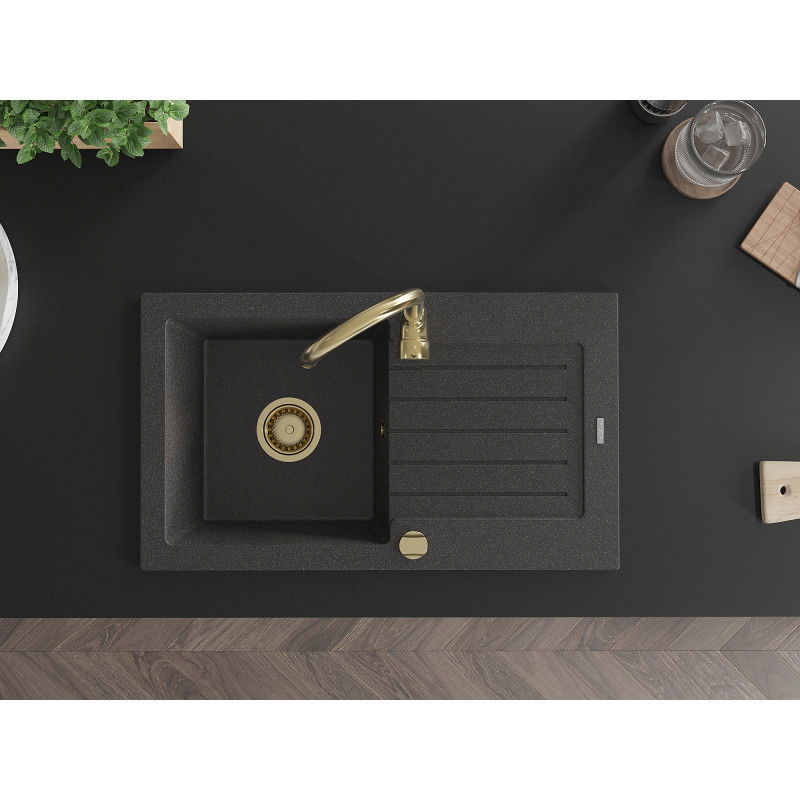 Mexen Pablo žulový dřez s odkapávačem, 1-komorový, 752 x 436 mm, černý s tečkami, zlatý sifon - 6510751010-76-G