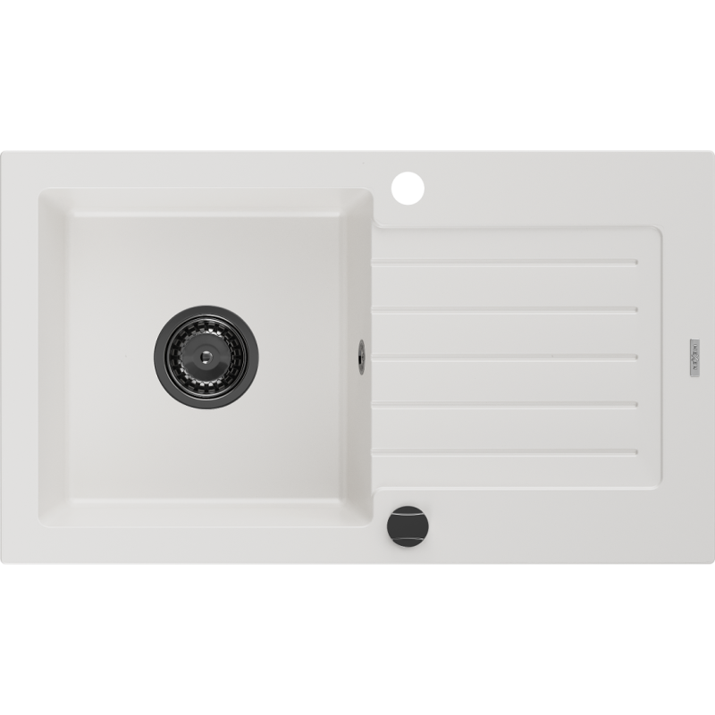 Mexen Pablo granitový dřez 1-komorový s odkapávačem 752 x 436 mm, bílý, černý sifon - 6510751010-20-B