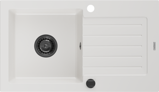 Mexen Pablo granitový dřez 1-komorový s odkapávačem 752 x 436 mm, bílý, černý sifon - 6510751010-20-B