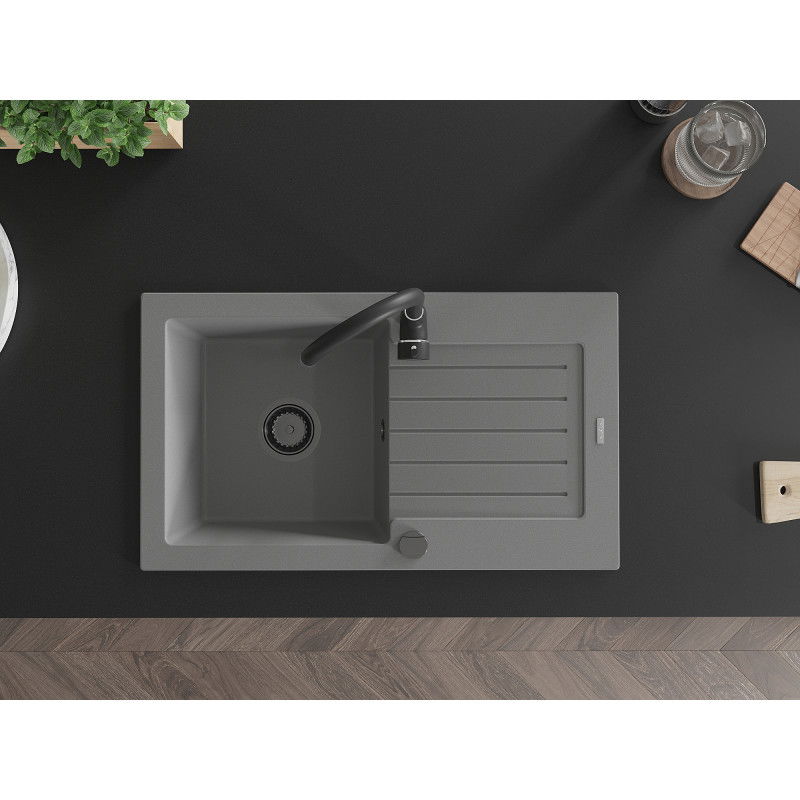 Mexen Pablo žulový dřez s 1 komorou a odkapávačem 752 x 436 mm, šedý, černý sifon - 6510751010-71-B