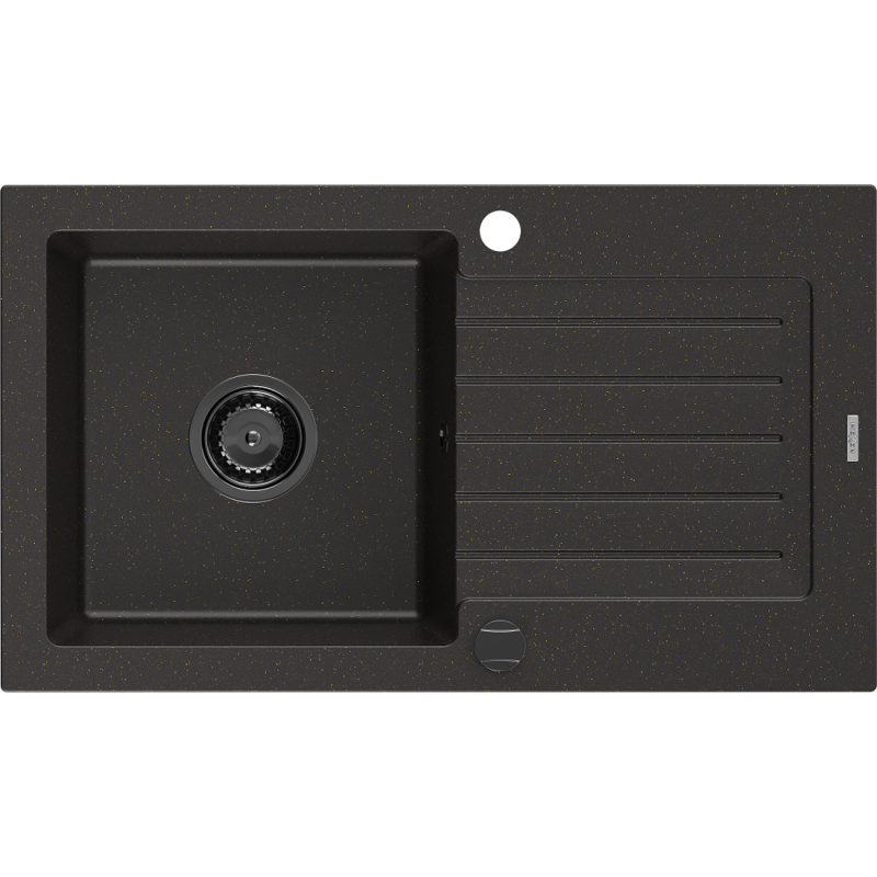 Mexen Pablo granitový dřez 1-komorový s odkapávačem 752 x 436 mm, černý/zlatý metalik, černý sifon - 6510751010-75-B