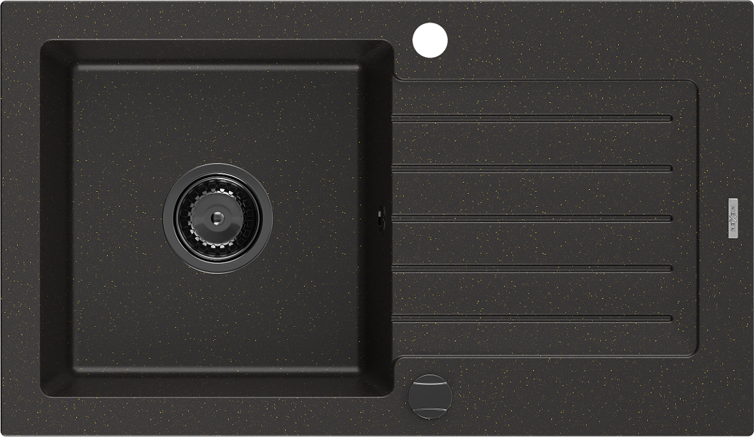 Mexen Pablo 1-miskový granitový dřez s odkapávačem 752 x 436 mm, Černá/Zlatá kovová, sifon Černá - 6510751010-75-B