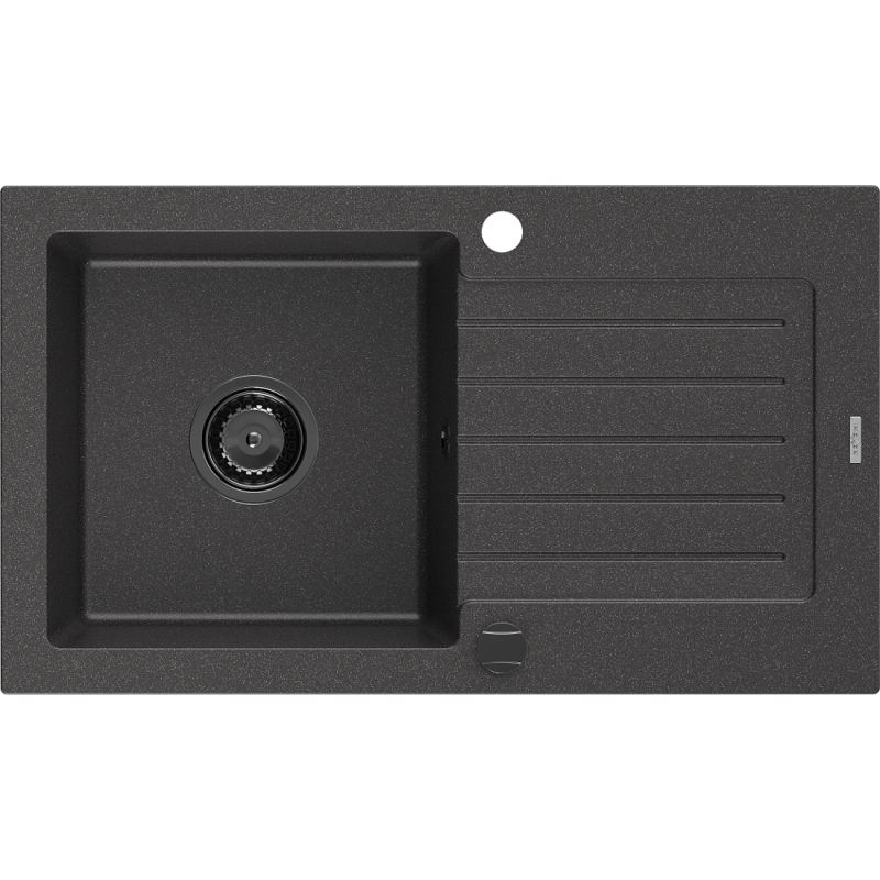 Mexen Pablo žulový kuchyňský dřez 1-komorový s odkapávačem 752 x 436 mm, černý skvrnitý, černý sifon - 6510751010-76-B