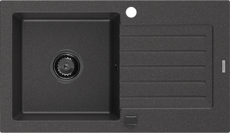 Mexen Pablo žulový kuchyňský dřez 1-komorový s odkapávačem 752 x 436 mm, černý skvrnitý, černý sifon - 6510751010-76-B