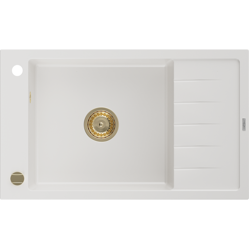 Mexen Elias granitový dřez 1-komorový s odkapávačem 795 x 480 mm, bílý, zlatý sifon - 6511791005-20-G