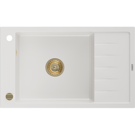 Mexen Elias granitový dřez 1-komorový s odkapávačem 795 x 480 mm, bílý, zlatý sifon - 6511791005-20-G