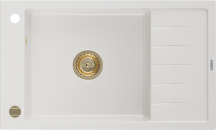 Mexen Elias granitový dřez 1-komorový s odkapávačem 795 x 480 mm, bílý, zlatý sifon - 6511791005-20-G