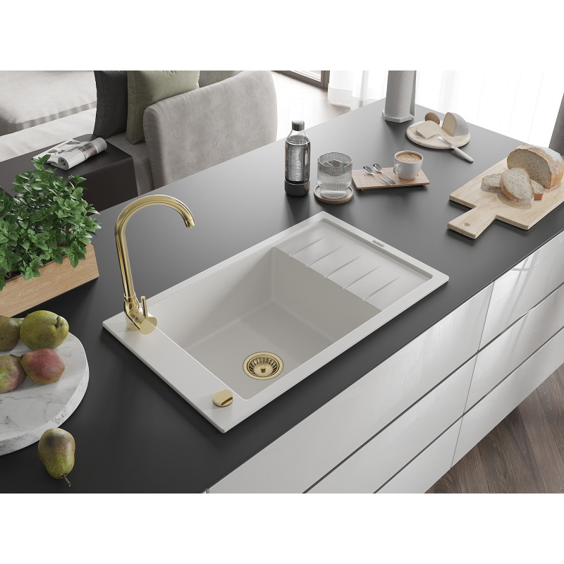 Mexen Elias granitový dřez s jednou komorou a odkapávačem 795 x 480 mm, bílý, zlatý sifon - 6511791005-20-G
