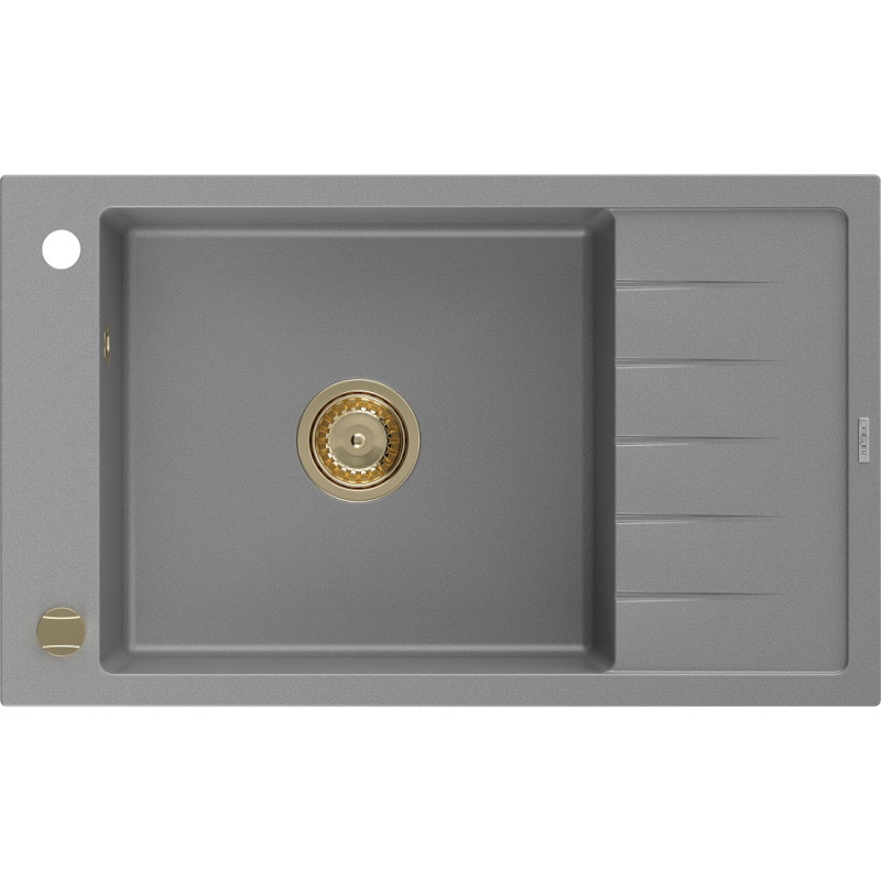 Mexen Elias granitový dřez 1-komorový s odkapávačem 795 x 480 mm, šedý, sifon zlatý - 6511791005-71-G