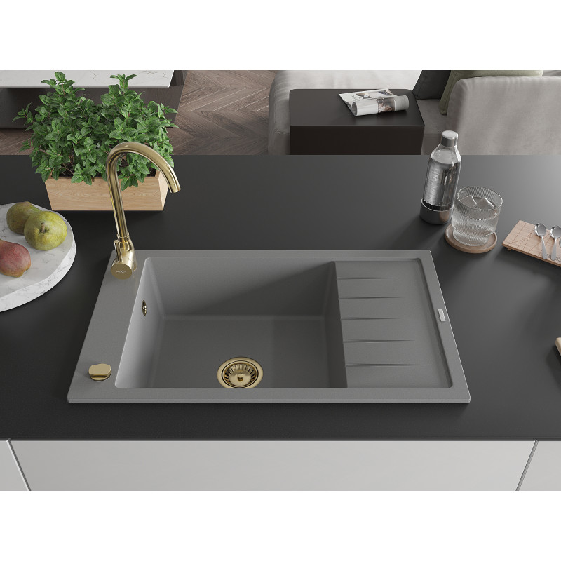 Mexen Elias granitový dřez s 1 komorou a odkapávačem 795 x 480 mm, šedý, zlatý sifon - 6511791005-71-G