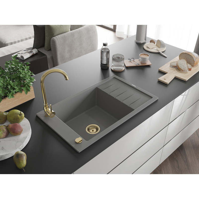 Mexen Elias granitový dřez s 1 komorou a odkapávačem 795 x 480 mm, šedý, zlatý sifon - 6511791005-71-G