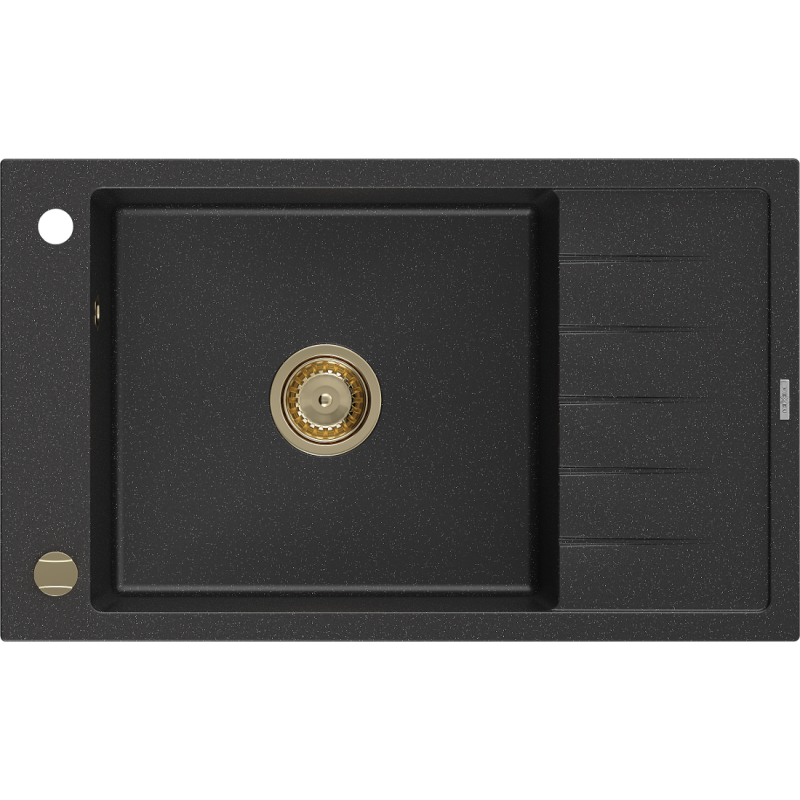 Mexen Elias granitový dřez 1-komorový s odkapávačem 795 x 480 mm, černý/stříbrný metalik, sifon zlatý - 6511791005-73-G