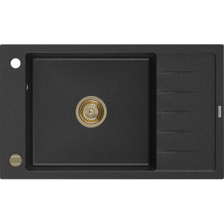 Mexen Elias granitový dřez 1-komorový s odkapávačem 795 x 480 mm, černý/stříbrný metalik, sifon zlatý - 6511791005-73-G