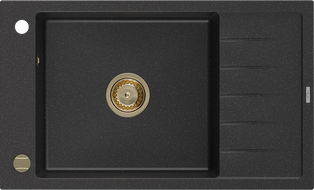 Mexen Elias granitový dřez 1-komorový s odkapávačem 795 x 480 mm, černý/stříbrný metalik, sifon zlatý - 6511791005-73-G